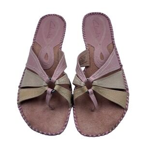 Clarks Women's Pink & Beige Suede Leather 2" Block Heel Open Toe Sandals Size 7M